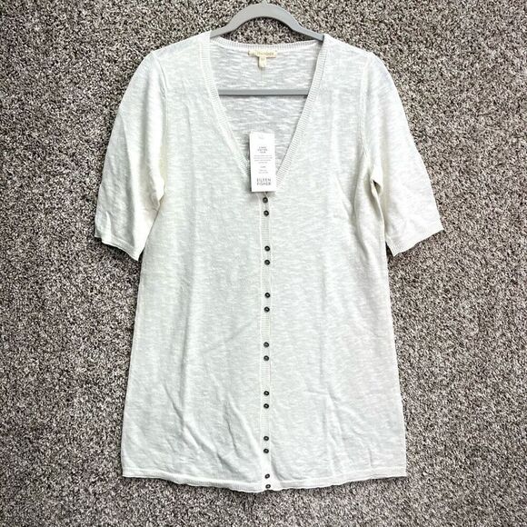 Eileen Fisher Cardigan Women’s S White Linen & Cotton V-Neck Light Knit Long Swe - Picture 1 of 6